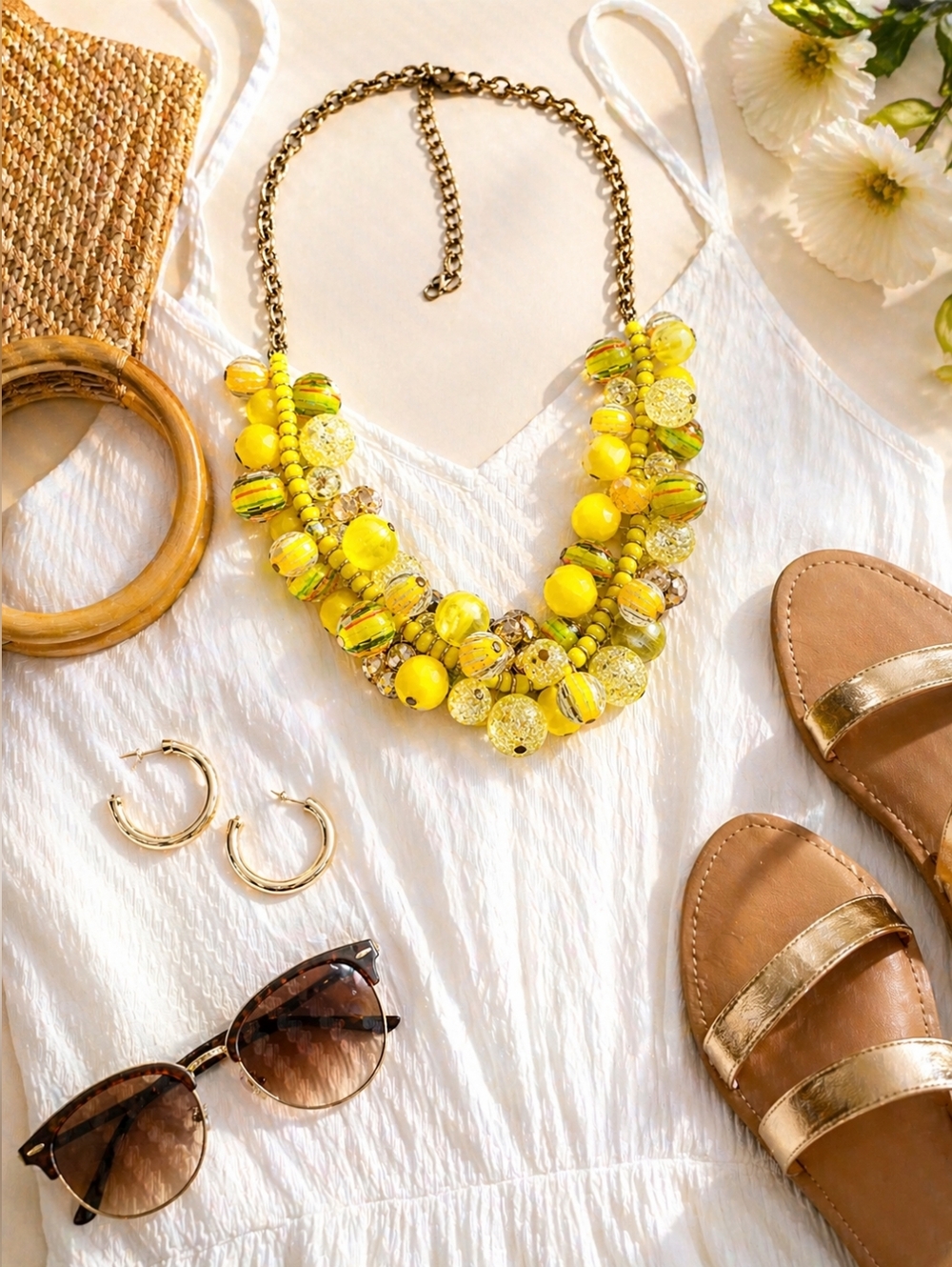 Lemon Yellow Statement Bib Necklace Chunky Glass Bead Gold Tone Summer Jewelry - Picture 2 of 7